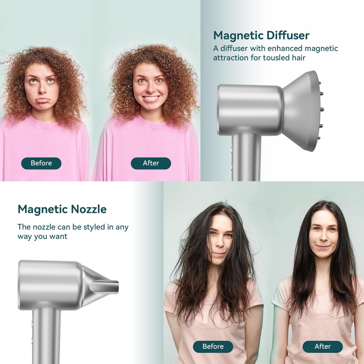 High Speed Hair Dryer｜Professional Salon Grade Air Speed, Negative Ion Hair Care｜Quiet Design｜Suitable for Thick Hair/Styling with Nozzle & Diffuser, Double Motor Life