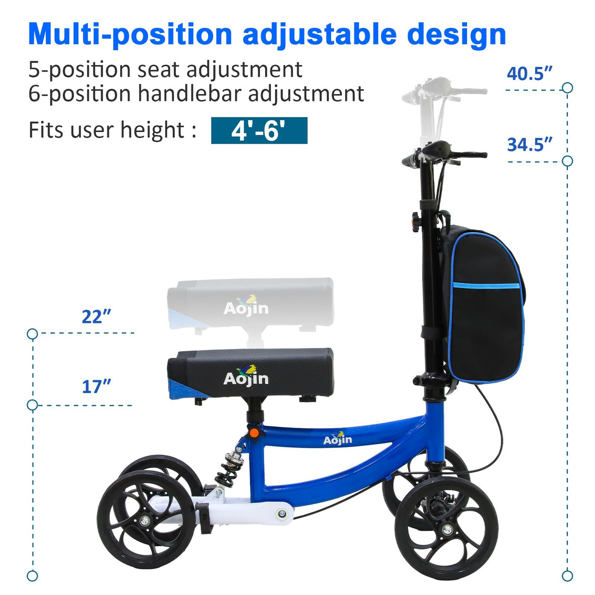 Aojin Knee Scooter, 300lbs Capacity, 13" Big PU Seat, All Terrain Foldable Knee Scooter Walker with Bag for Foot Injuries Compact Crutches Alternative (Blue)