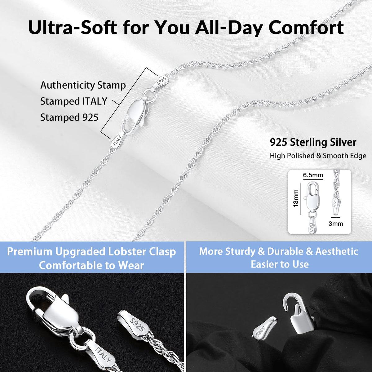 Jewlpire 925 Sterling Silver Chain Necklace for Women, 2MM Rope Chains Silver Chain for Women Classic & Sturdy Women's Chains Necklace, Silver Chain 26 Inch