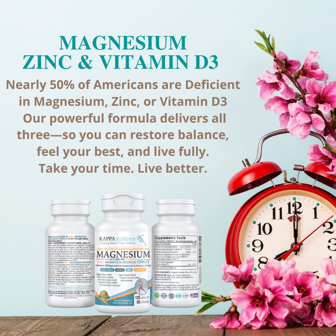 Kappa Nutrition Magnesium 4-in-1, 280mg Elemental Magnesium (Bisglycinate, Malate) + Zinc & Vitamin D3, Brain, Sleep, Energy, Muscle, Immune Support, 120 Vegan Capsules.