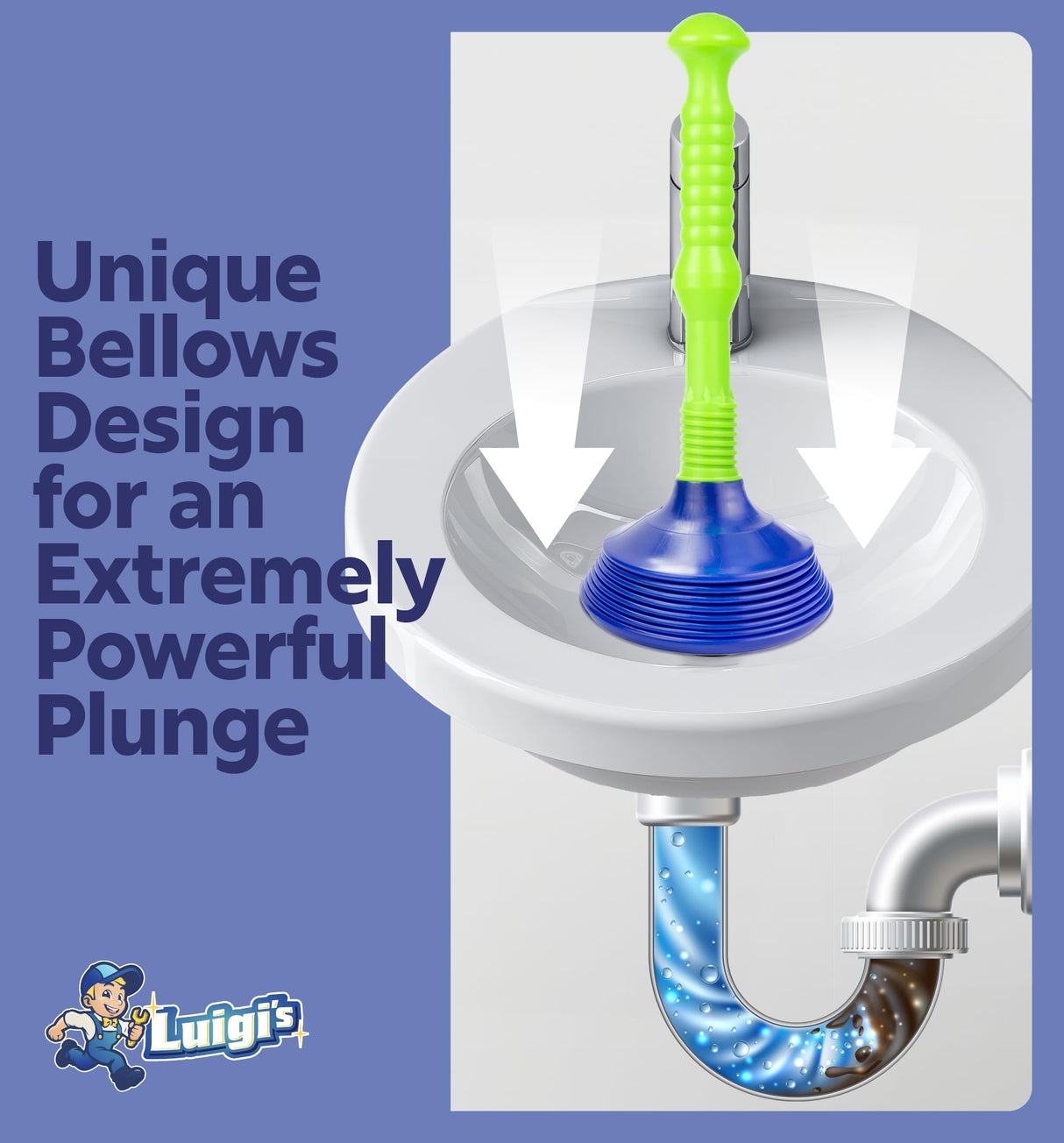 Luigi's Sink Plunger Kitchen - Sink Plunger Bathroom - Drain Bathtub or Shower - Small and Powerful Clog Remover - Commercial Style "Plumbers Plungers" with Large Bellows - Blue - Small
