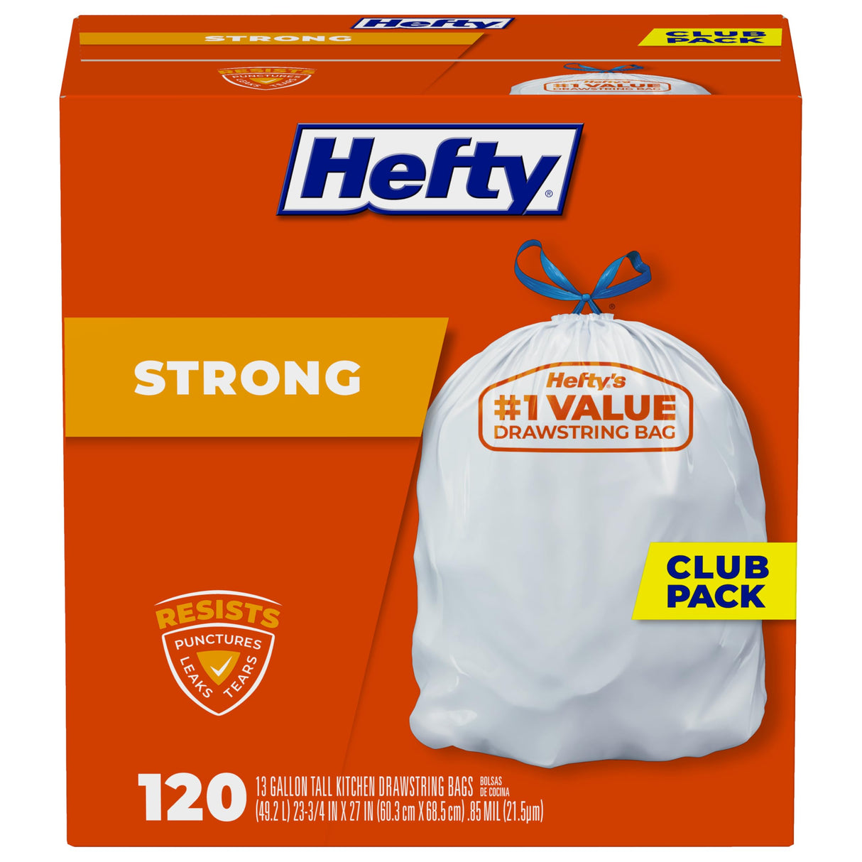 Hefty Strong White 13 Gallon Trash Bags with Drawstrings, Unscented Tall Kitchen Trash Bags, Resists Leaks, Punctures, and Tears, Durable Closure, 120 Ct.