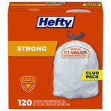 Hefty Strong White 13 Gallon Trash Bags with Drawstrings, Unscented Tall Kitchen Trash Bags, Resists Leaks, Punctures, and Tears, Durable Closure, 120 Ct.