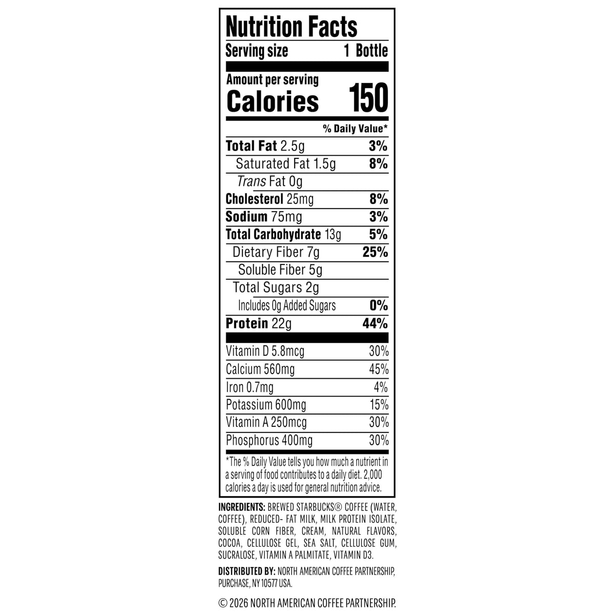 Starbucks Coffee & Protein, Caffe Mocha, 12 fl oz Bottles, (12 Pack), 22g 2g Sugar, No Added 5g Prebiotic Fiber, High Iced Coffee, Vegetarian