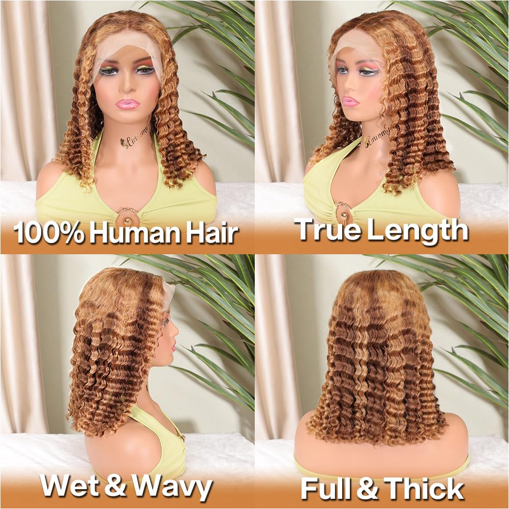 HIRIREMY Ombre Highlight Deep Wave Curly Bob Wigs Human Hair Pre Plucked Wear And Go Glueless 13x4 Hd Honey Blonde Highlight Lace Front Wig Human Hair For Black Women Wet And Wavy 4/27 14 Inch