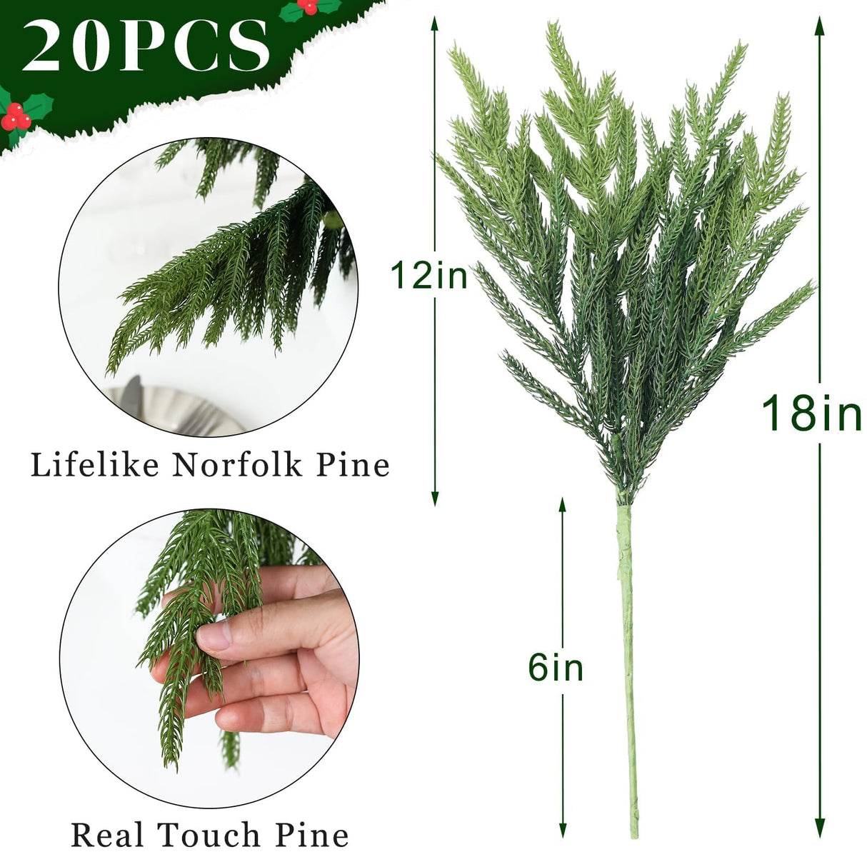 Juxdp 20 Pcs Real Touch Norfolk Pine Branches, Artificial Christmas Green Plants Branch Faux Greenery Stem Fake Pine Picks for Vase DIY Crafts Garland Wreath Xmas Indoor Outdoor Decor(18 Inches)