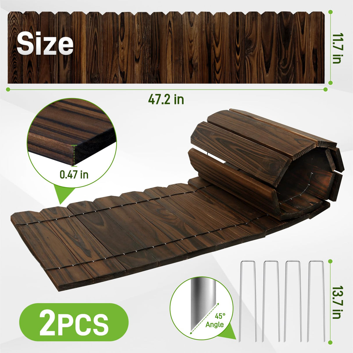 Mulctun Wood Garden Edging - 11.8" H X 47" L Sturdy Wooden Landscape Edging, Natural Flower Bed Edging Borders, Decorative Wooden Garden Fence for Yard Flower Bed Lawns Pathway Tree (2 Packs)