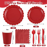 Xiangqu 175 Pcs Red Plates and Napkins, 25 Guest Red Party Supplies Include Christmas Plates and Napkins Cups Plastic Spoons Forks Knives for Birthday, Christmas, Picnic