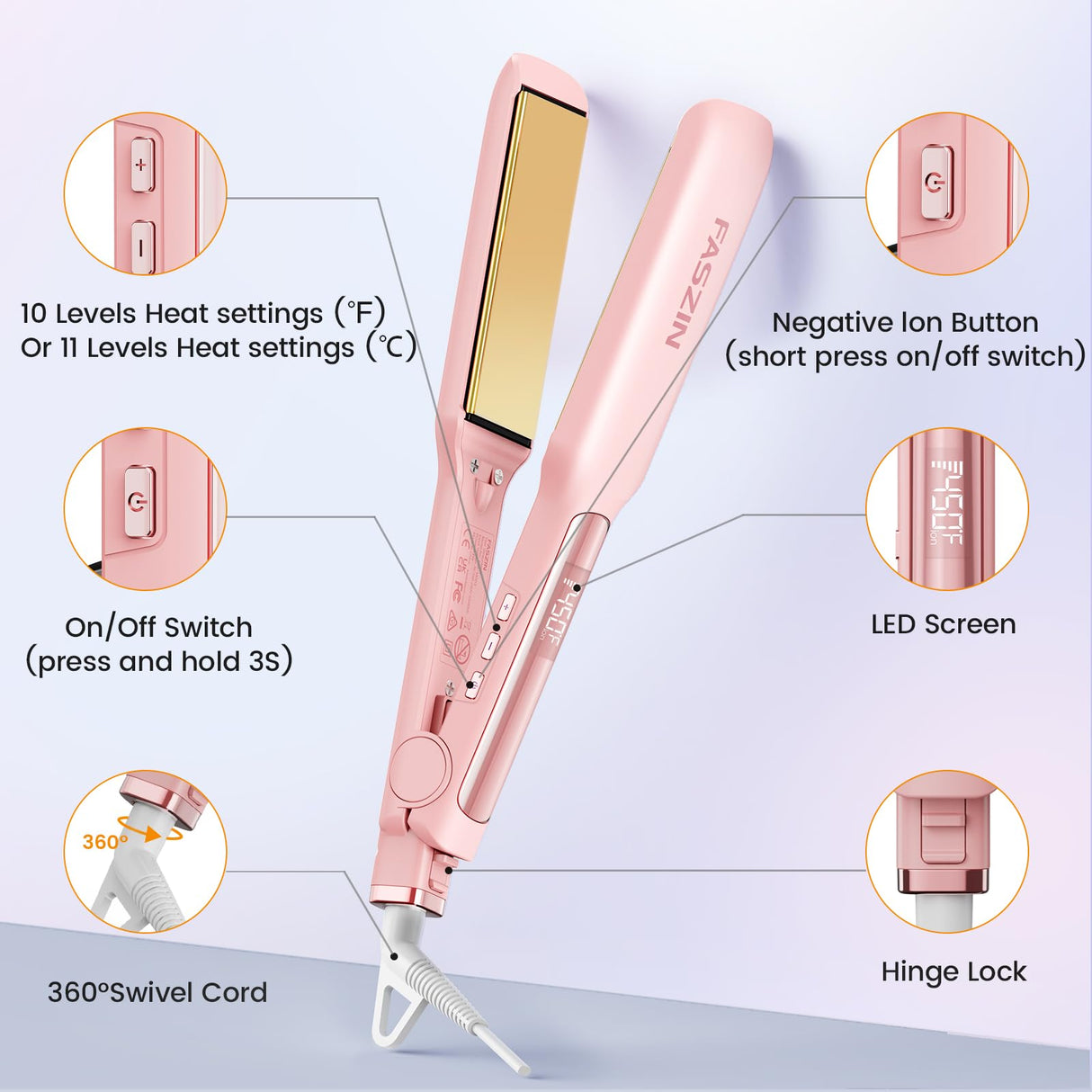 Faszin Professional Hair Straightener, 1.65inch Wide-Plate, Titanium Negative Ion Flat Iron, 30s Rapid Heating, LED Temp Display, Wide Voltage & 10 Adjustable Temp Levels (260-450℉) - Pink