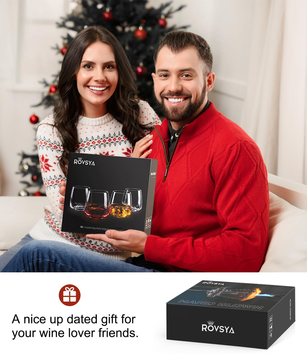 Stemless Wine Glasses Set of 4 13.5oz, Hand Blown Red White Wine Glasses Unique Gifts for Him Her for Birthday, Wedding, Christmas, Anniversary