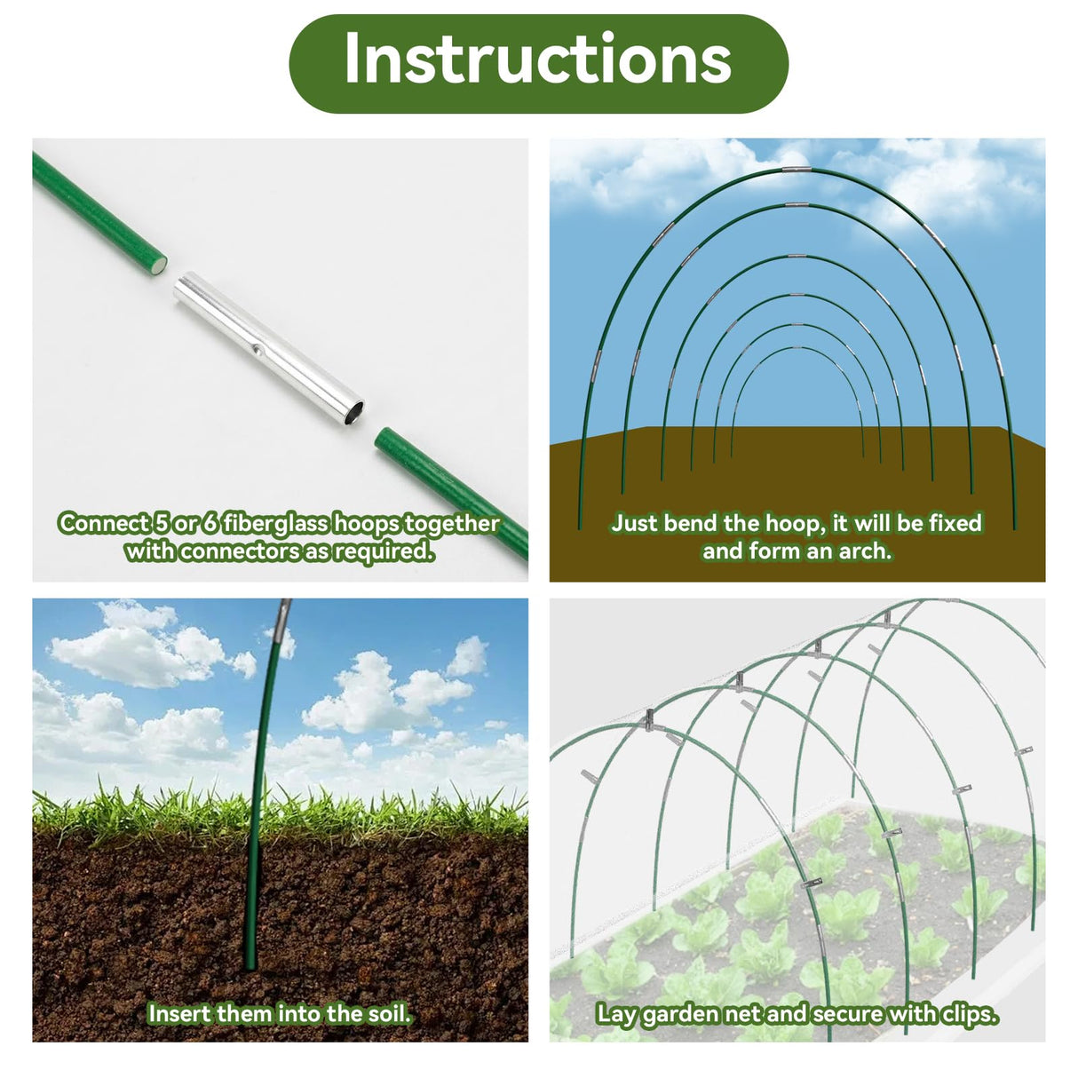 Garden Netting Kit for Raised Beds, 10x50FT Ultra Fine Mesh Netting＆ 6 Sets of 8FT Fiberglass Garden Hoops, Row Cover Insect Netting for Vegetable Plant Fruit Flowers Protection