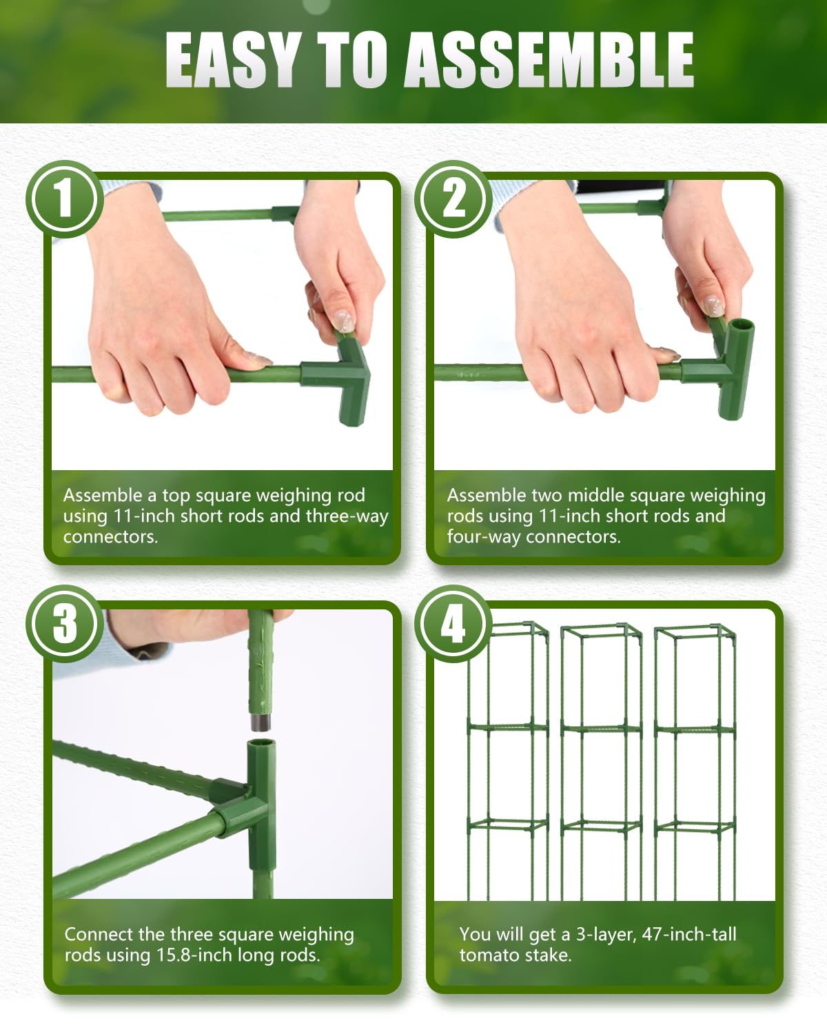 3 Pack 47 Inch Heavy Duty Height Adjustable Square Tomato Cage