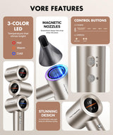 Hair Dryer, 150000RPM High-Speed Hairdryer for Fast Drying, Low Noise, HD Display, 5 Temps & 2 Speeds, 500 Million Negative Ionic Blow Dryer with Diffuser & Nozzle, Gold