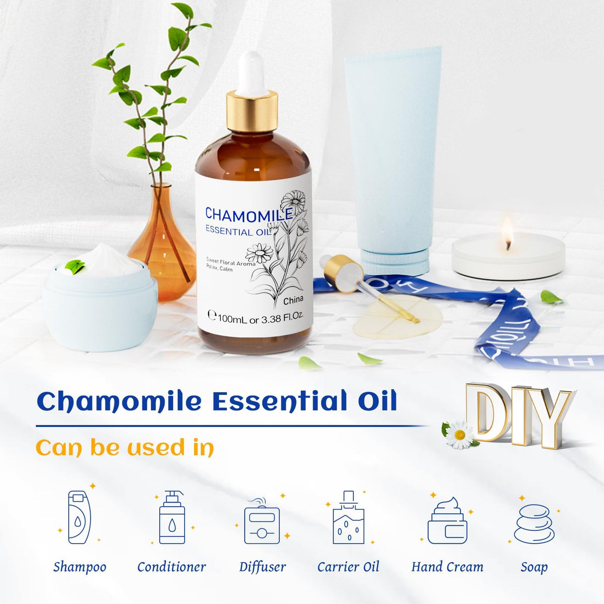 HIQILI 100ML Chamomile Essential Oil, Pure & Natural Chamomile Oil for Diffueser, Skin, Soap, Shampoo - 3.38 Fl Oz