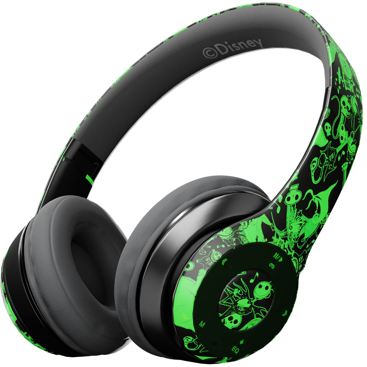 iJoy Disney Nightmare Before Christmas Glow in The Dark Bluetooth Headphones Over Ear, Wireless and Wired Foldable Headset Built-in Microphone - Tim Burton Jack Skellington & Sally - Adults Kids