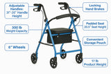 Lightweight Folding Steel Rollator Walker with Seat FSA/HSA Eligible – 6” Wheels, Locking Hand Brakes, Adjustable Handles (31"-35"), 300 lb Capacity, Padded Seat – Light Blue Mobility Aid for Seniors