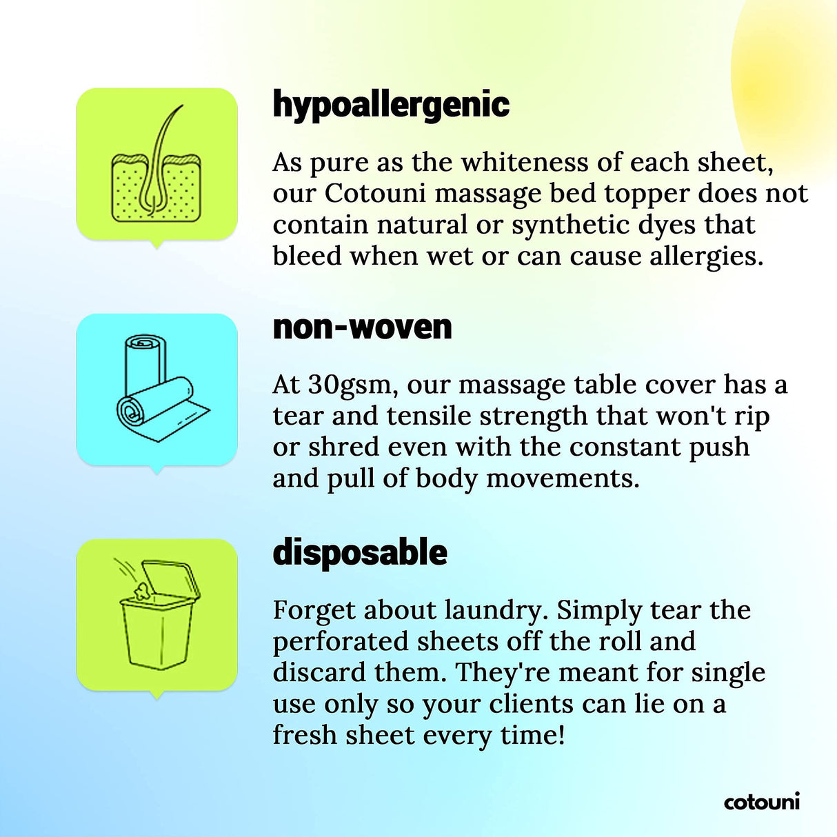 Cotouni 70.5" x 30" Sheets - 6 Rolls - 50 Perforated Sheets/roll - face Hole - Non-Woven Paper Exam Table Cover - 30GSM - Disposable Massage Table Sheets - Facial/lash Bed/spa - Latex-Free Recyclable