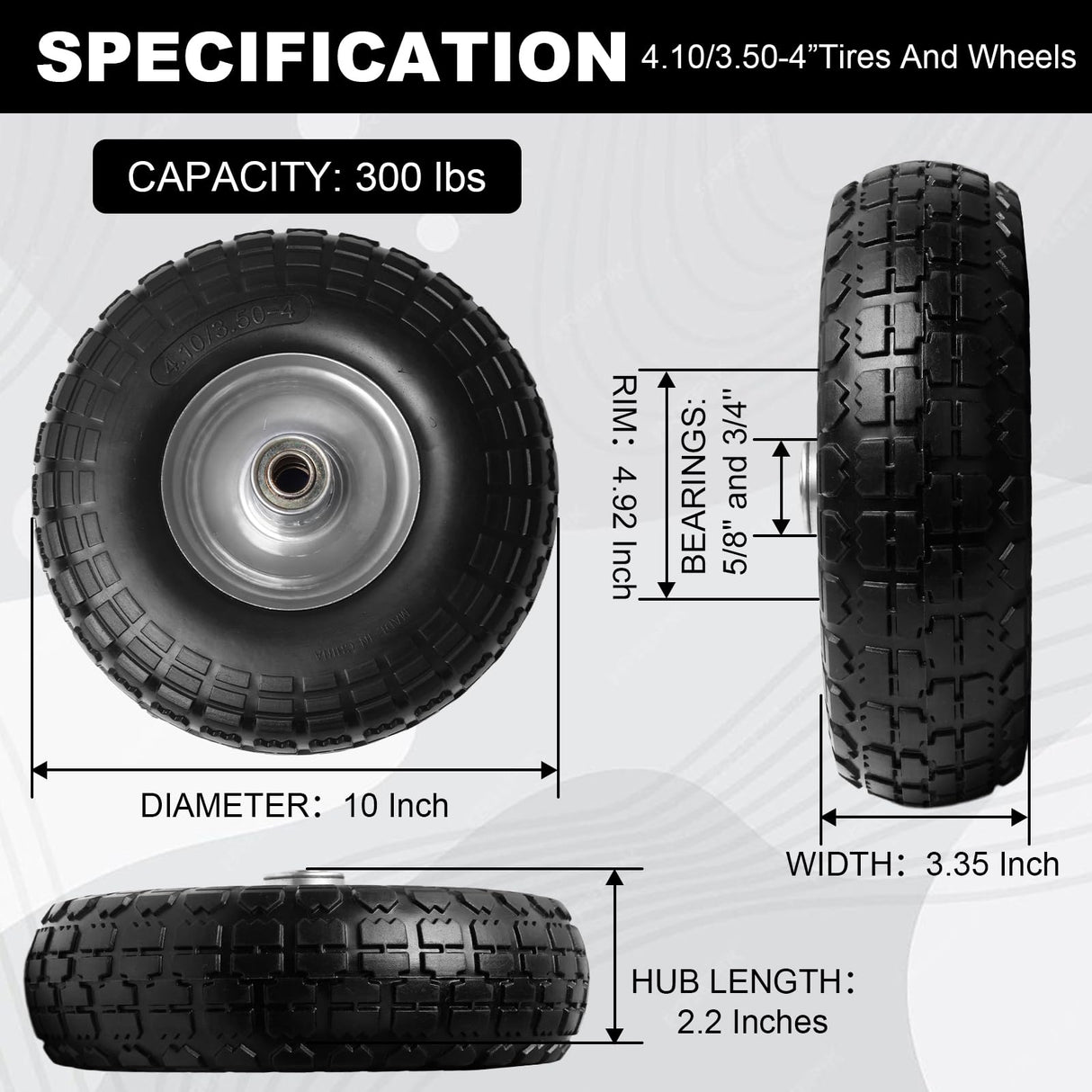 Storystore 2-Pack 4.10/3.50-4 Tire and Wheel - 10 Inch Solid Rubber Tire Wheels with 5/8" Bearings, 2.2" Offset Hub for Hand Truck, Trolley Dolly, Garden Cart and Wheelbarrow