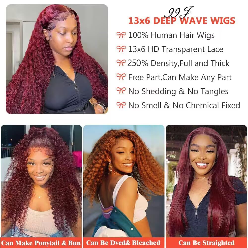CHEETAHBEAUTY 99J Burgundy Deep Wave 13X6 HD Transparent Lace Front Wigs Human Hair Brazilian Virgin Human Hair Wigs for Black Women Deep Curly Wigs Pre Plucked with Baby Hair 250% Density(30inch)