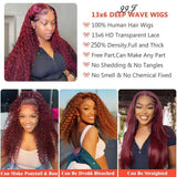 CHEETAHBEAUTY 99J Burgundy Deep Wave 13X6 HD Transparent Lace Front Wigs Human Hair Brazilian Virgin Human Hair Wigs for Black Women Deep Curly Wigs Pre Plucked with Baby Hair 250% Density(30inch)