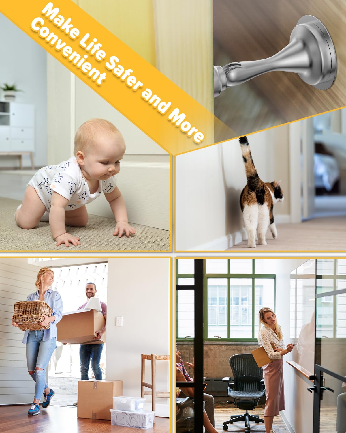 Magnetic Door Stop Holder 4 Pack - Door Stoppers Stainless Steel Heavy Duty Stops for Bottom of Door - Wall Floor Mounting No Drill Strong Adhesive & Screws Magnet Catch Keep Door Open