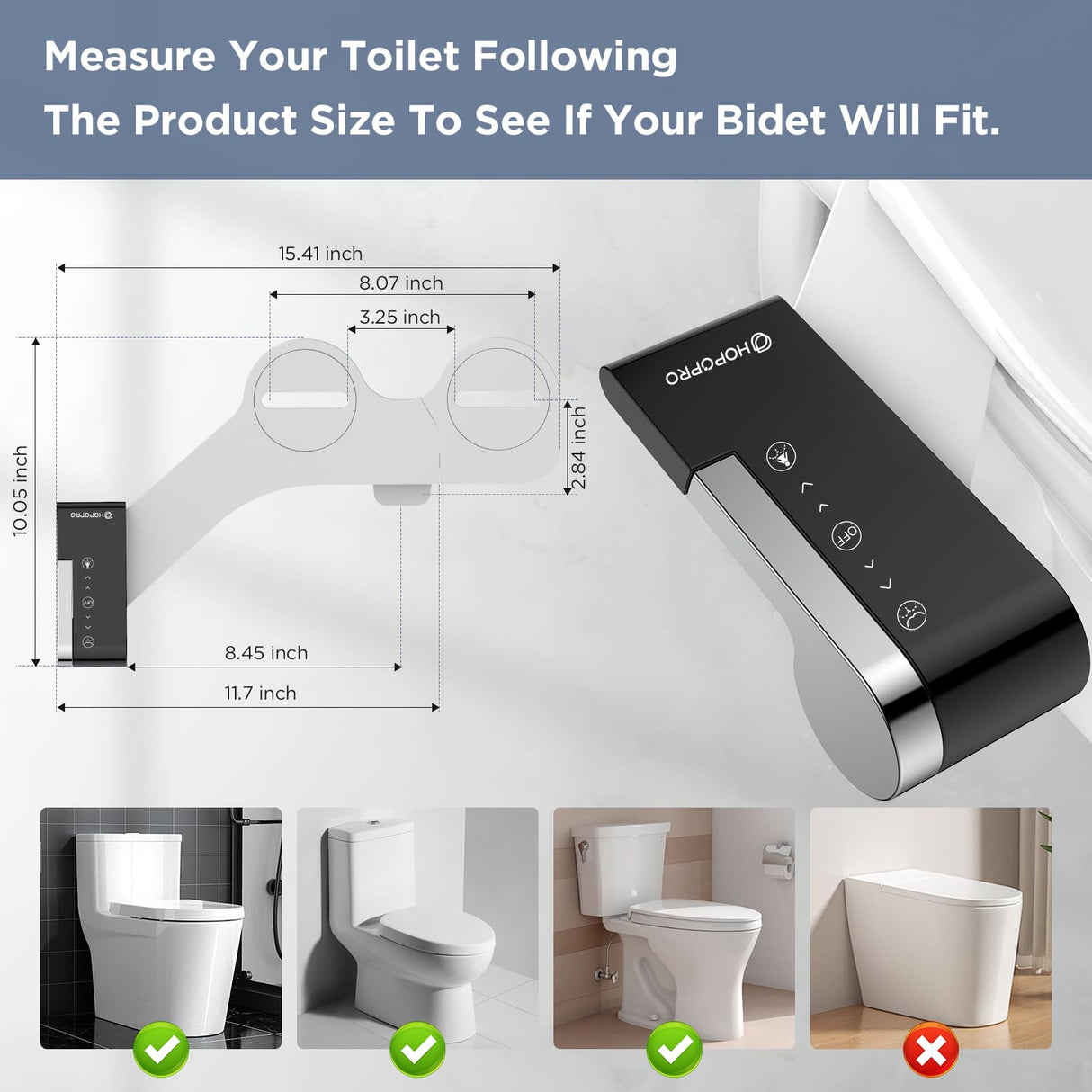 HOPOPRO Toilet Bidet Tank Replacement Cover, Bidet Ultra-Slim Dual Nozzle (Feminine/Rear Wash), Fresh Cold Water Sprayer Toilet Tank Seat for Existing Toilets with Pressure Control, Black
