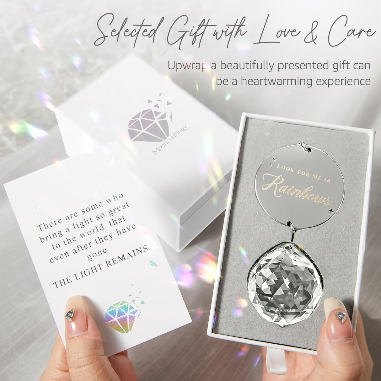 Mooncraftlogy Memorial Gifts for Loss of Loved One, Unique Sympathy Idea, Clear Crystal Ball Grief Suncatcher, Rainbow Bereavement Box for Mom Dad Husband Son Daughter