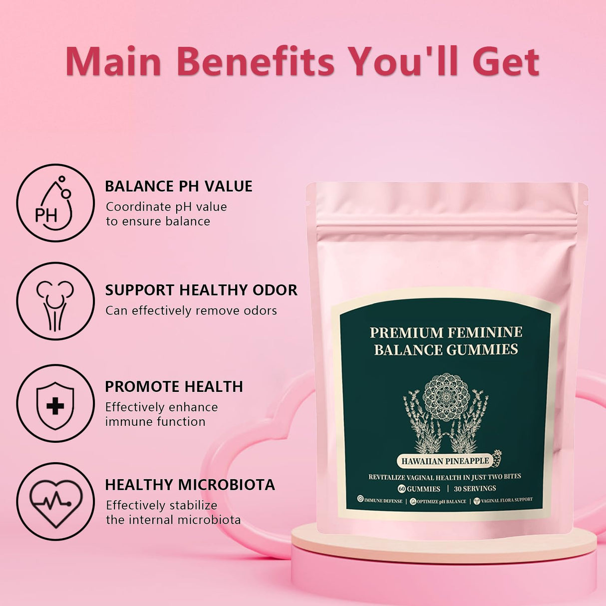 Premium Feminine Balance Gummies for Women, Pineapple Gummies for Women PH Health and Wellness, Hawaiian Pineapple Flavor, Improve Immune, Vegan, Gluten Free, Light Pink, 1 Pack