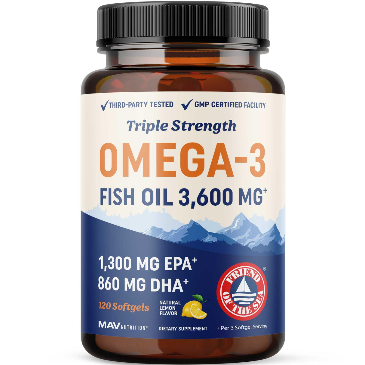 Triple Strength Omega 3 Fish Oil | 3600 mg EPA & DHA | Over 2100mg of Omega 3 Fatty Acids | 1300mg EPA + 860mg DHA | Best Essential Fatty Acids | Premium Burpless Softgel Supplements (120 Ct)