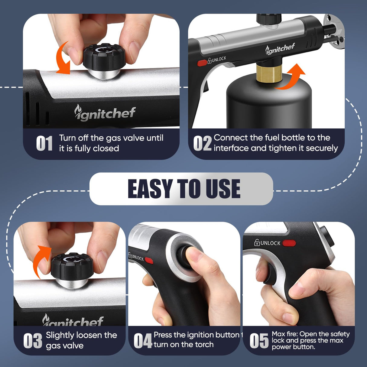 IgnitChef Propane Torch Gun with One-Touch Max Fire, Kitchen Blow Torch with a Safety Lock for Sous Vide Searing Steak, Grill, Charcoal Starter, Campfire (Propane Tank Not Included)