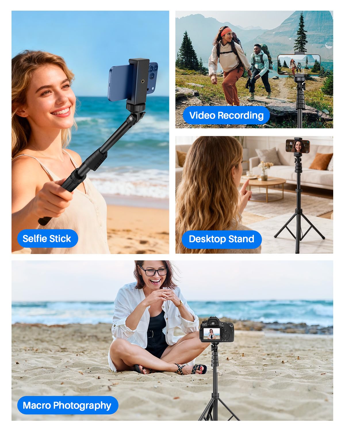 Extendable Phone Tripod for iPhone, Selfie Stick with Remote & Phone Holder
