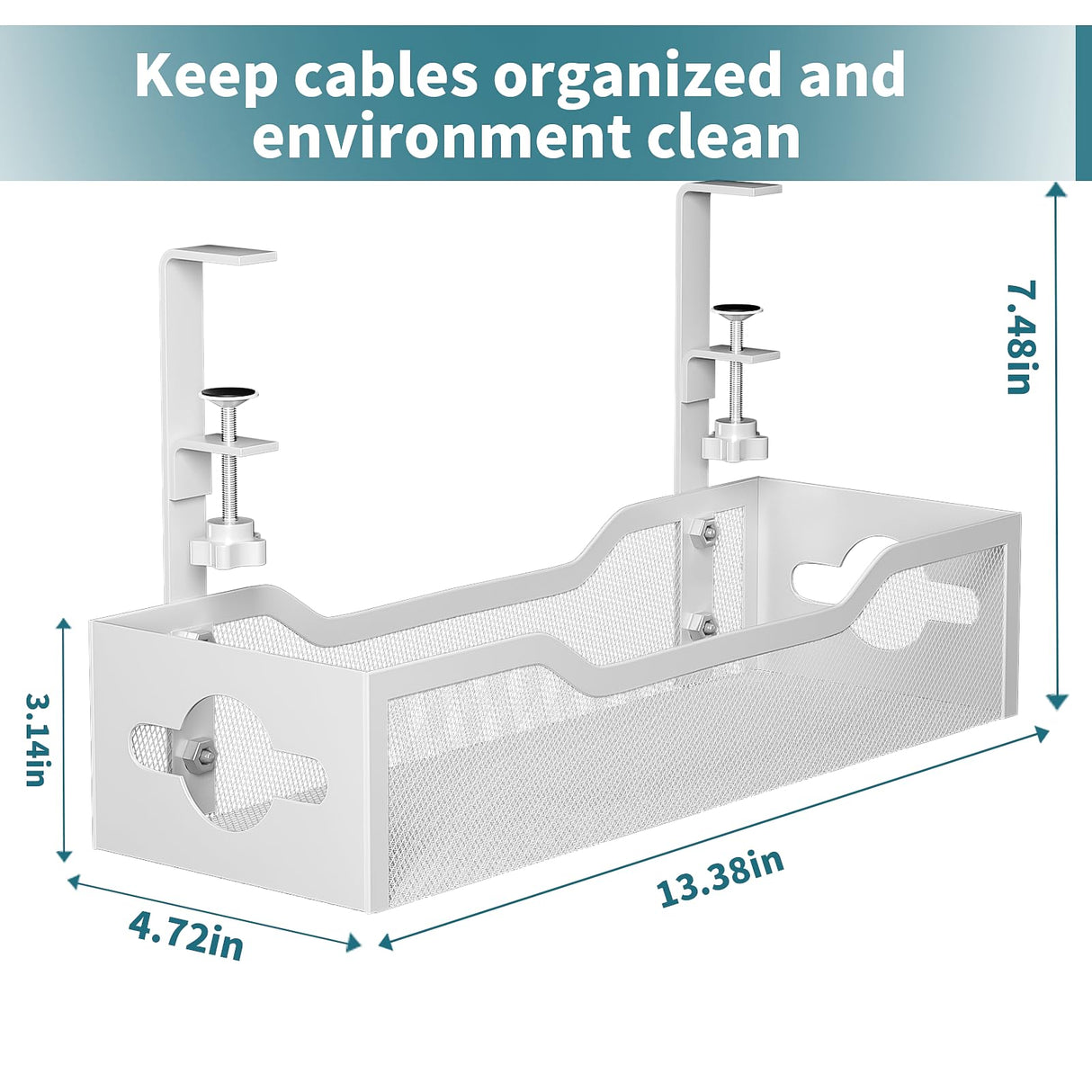 Under Desk Cable Management Tray, Litwaro No Drill, Metal Tray with Clamp for Wire Management, Cord Organizer Home Office Damage to Standing Desk, White, 13.38''