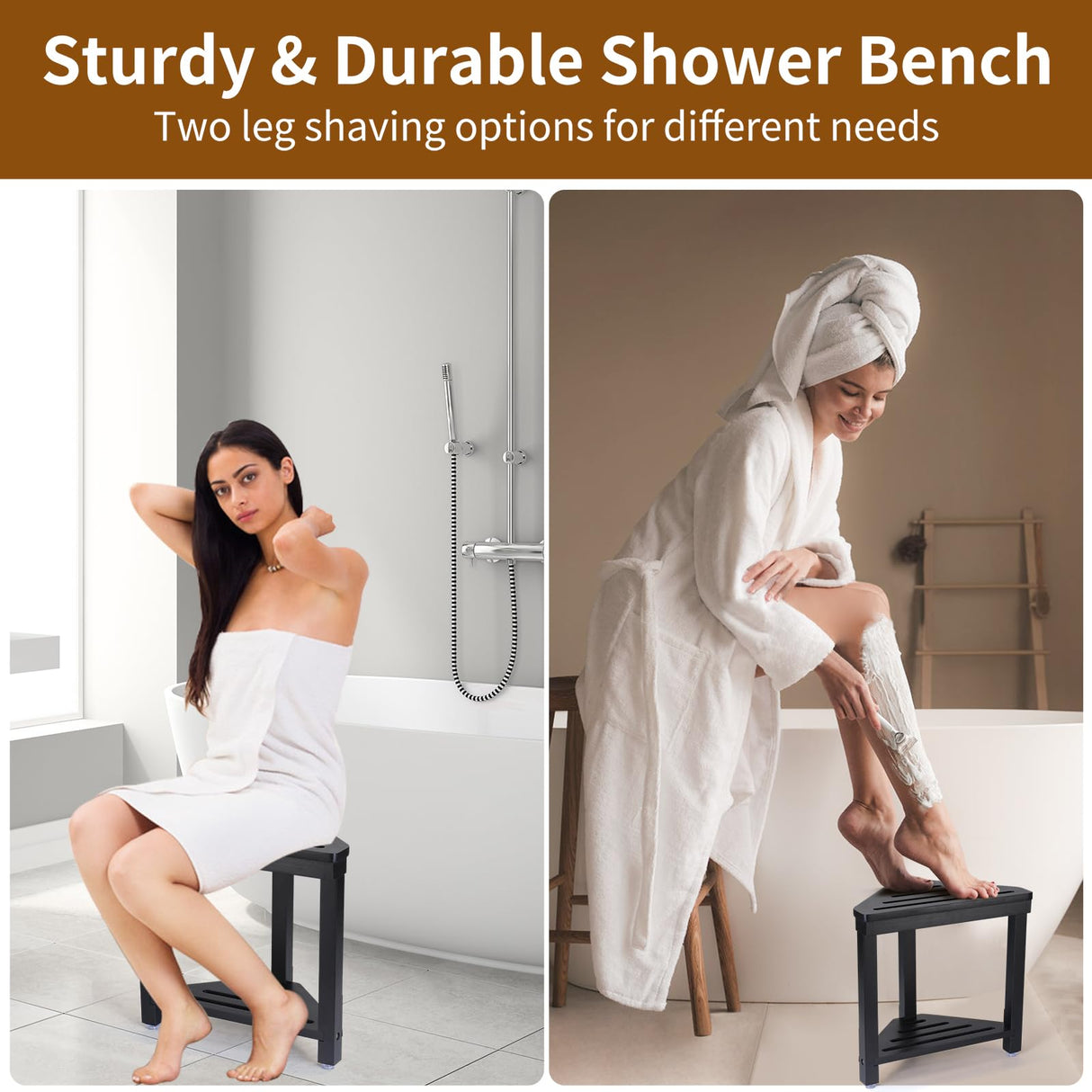 Boulphia Shower Foot Rest 14in, Acacia Wood Shower Stool for Shaving Legs (Black)