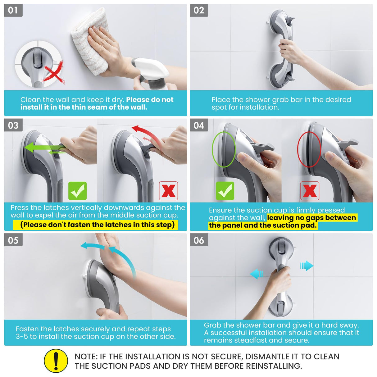 TAILI Shower Handles for Elderly Suction, 2 Pack 12 Inch Shower Grab Bars for Seniors, Grab Bars for Bathtubs and Showers, No Drilling Removable Safety Shower Grip, Silver