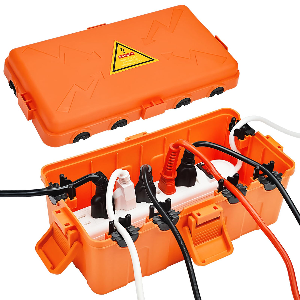 Hrensaw Medium Outdoor Electrical Box(10.6x5.5x4.5inch),Weatherproof Connection Box w/6 Cable Entry,IP54 Waterproof Extension Cord Cover Protect Power Strip,Timer,Plug,Holiday Lights,Orange