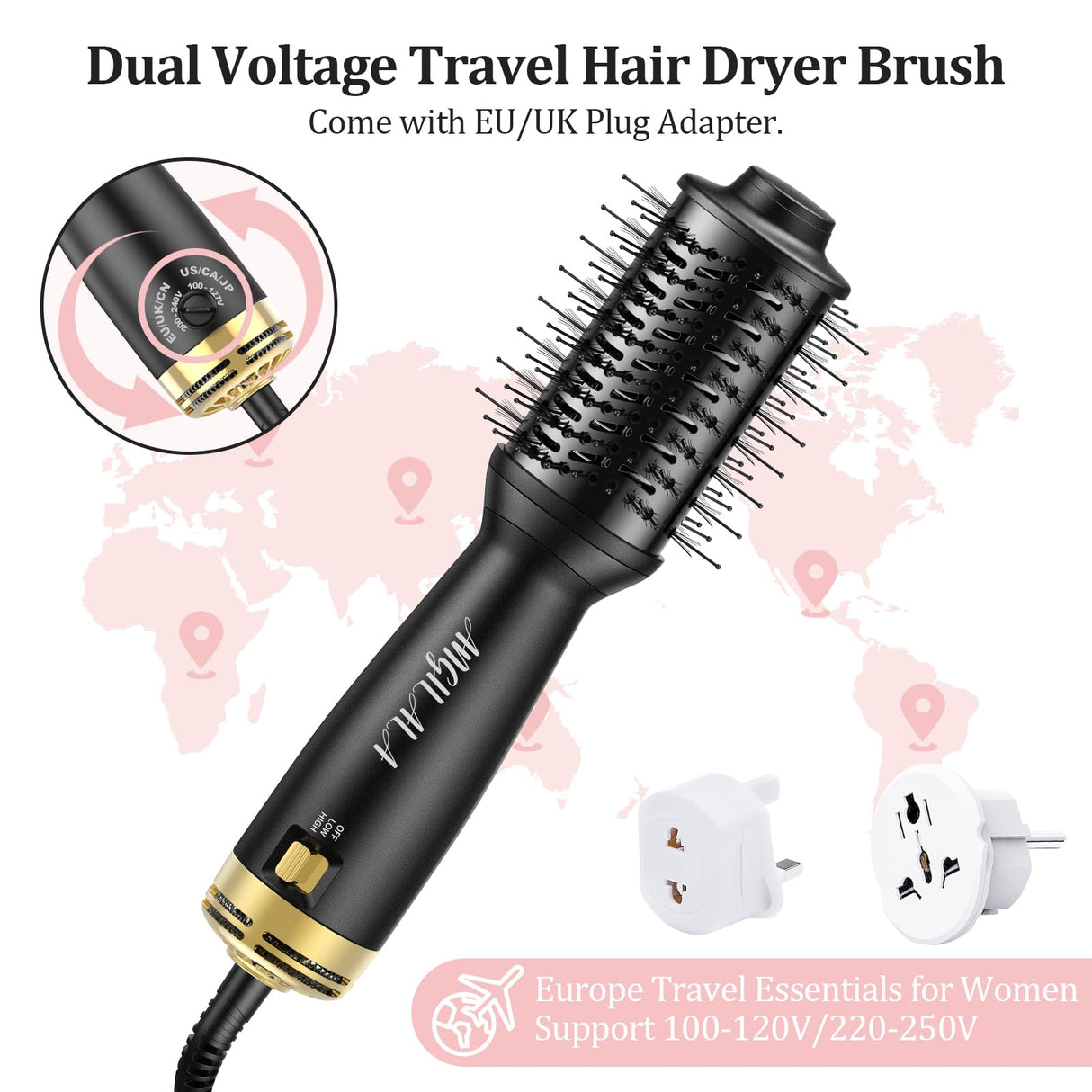 ANGILALA Dual Voltage(100~250V) Mini Hair Dryer Brush with European Plug Adapter for International Travel, Europe Travel Essentials for Women