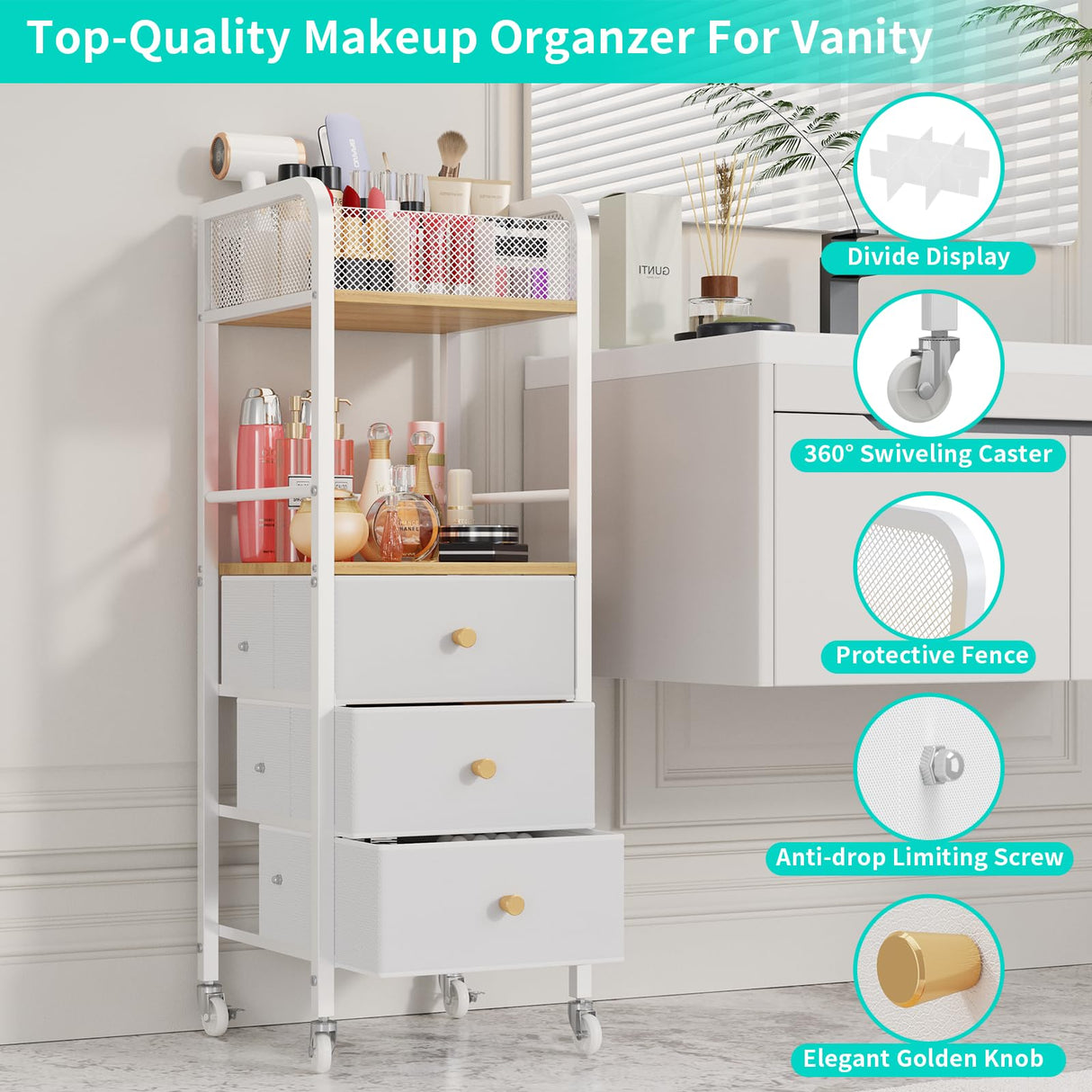 HapiRm Rolling Makeup Cart Organizer - Floor Skincare Make Up Storage with 3 Drawers, Vanity Organizer Cosmetic Display Cases Holder for Skin Care Perfume Nail Polish Brush Hair Tool