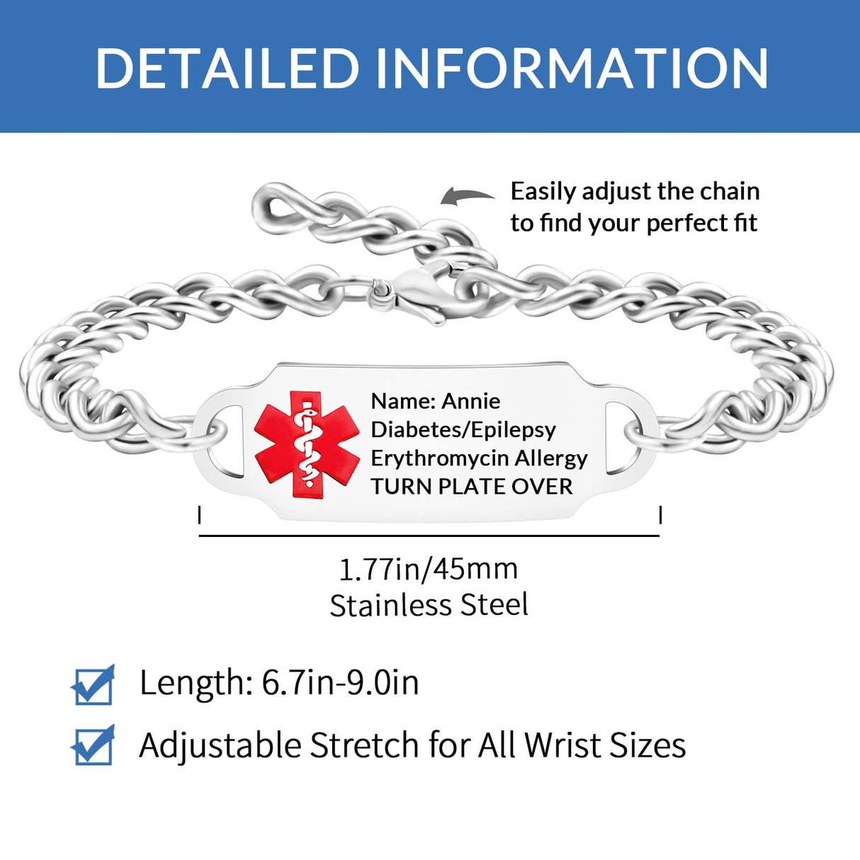 FCPFCP Personalized Medical Alert Bracelet, Custom Engraved ID