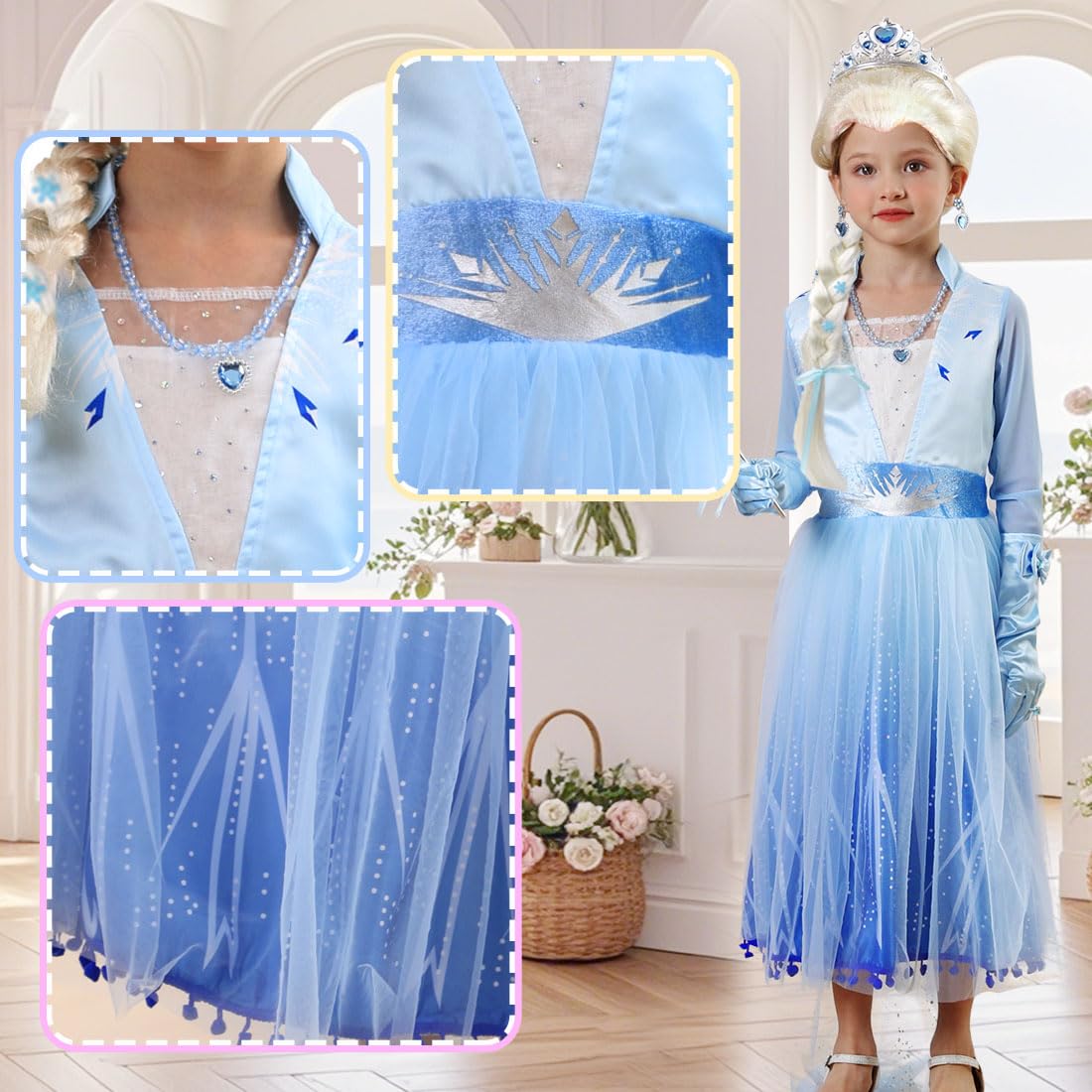 iTVTi Princess Costume for Little Girls Snow Princess Dress Blue Cosplay Outfit Halloween Carnival Party Christmas, 4-5T (Tag 120)