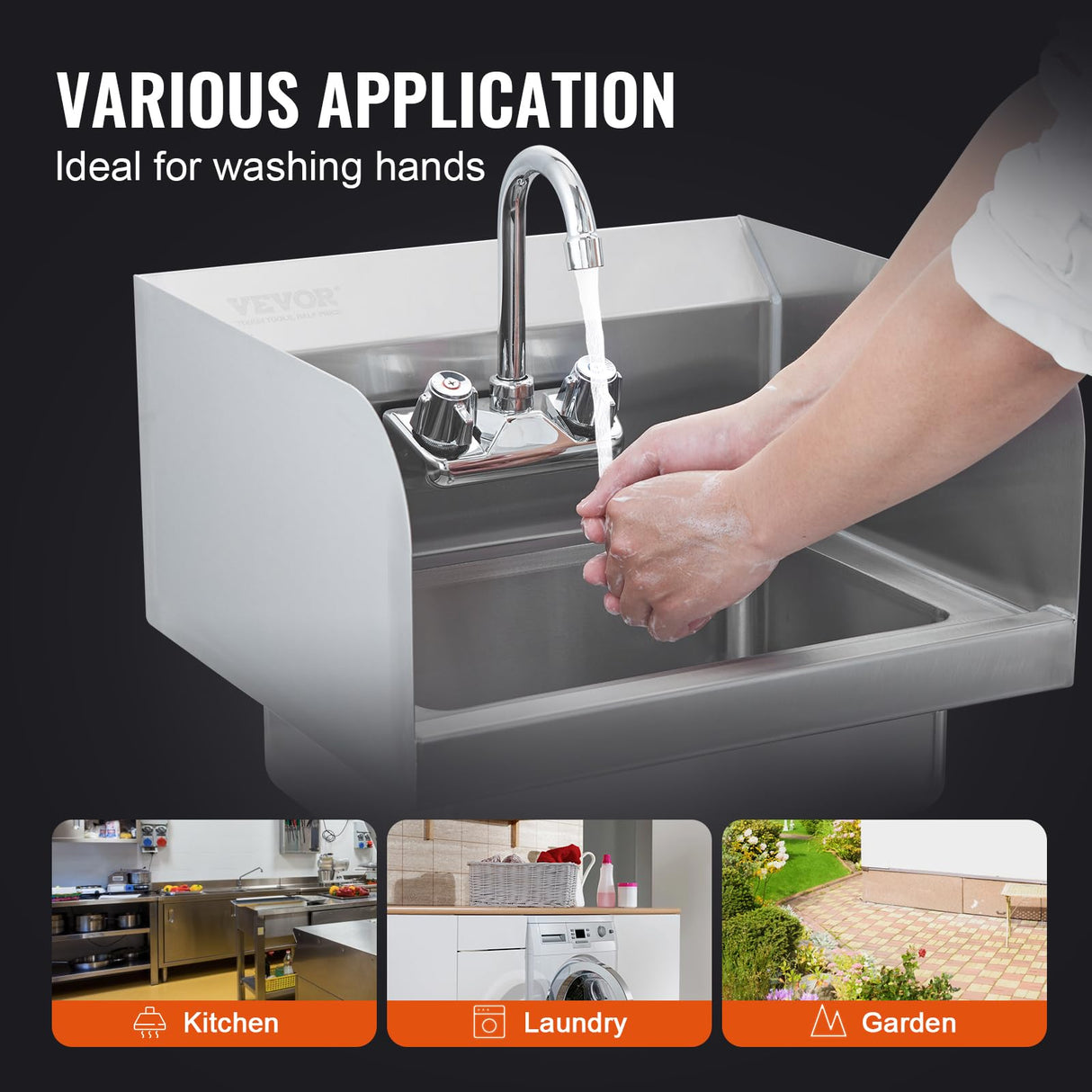 VEVOR Commercial Hand Sink 17x12.8 inch Stainless Steel Sink with Faucet & Side Splash, Wall-Mount Small Hand Basin for Restaurant, Kitchen, Bar, Garage, Home