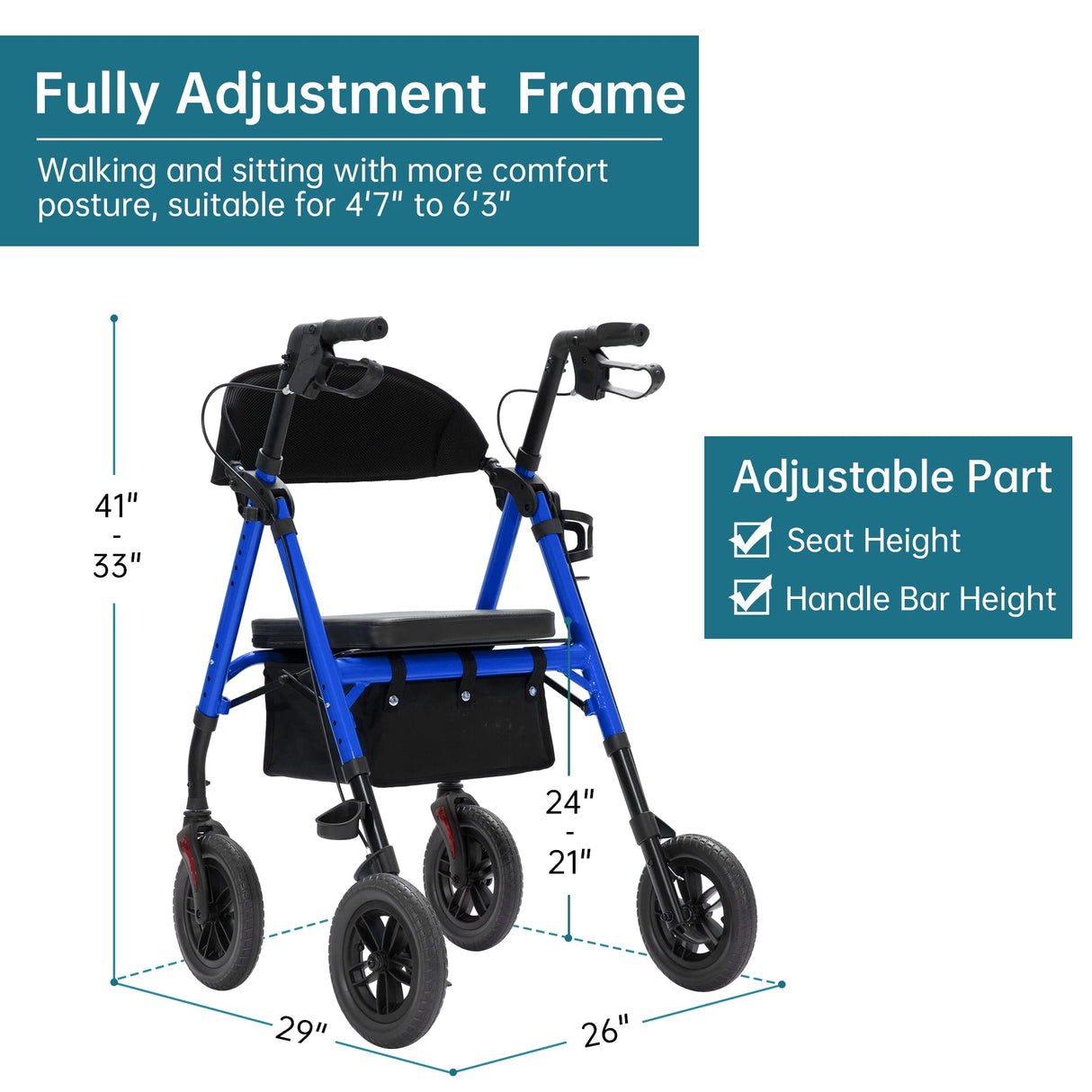 ELENKER All-Terrain Rollator Walker with 10” Non-Pneumatic Wheels, Sponge Padded Seat and Backrest, Fully Adjustment Frame for Seniors, Blue