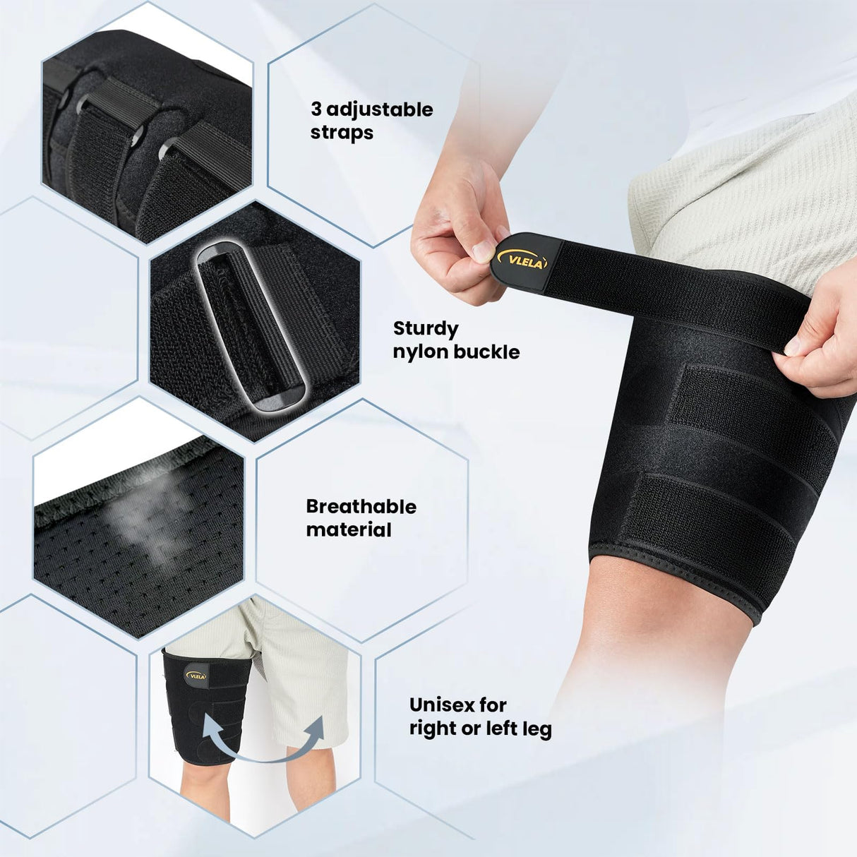 Hamstring Compression Sleeve with 3 Adjustable Straps,Thigh Compression Sleeve for Men Women,Thigh Wrap Compression for Pulled Hamstring,Groin ,Quad,Hamstring Brace for Hamstring Injury, Leg Brace for Upper Thigh support (Black, Large)
