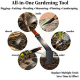 Hori Hori Garden Knife, 7" Full Tang Thick Stainless Steel Blade, Multi-Edge Design with Serrated Edge & Hook Cutter, Depth Markings, Heavy Duty Garden Tool with Sheath for Digging, Weeding & Planting