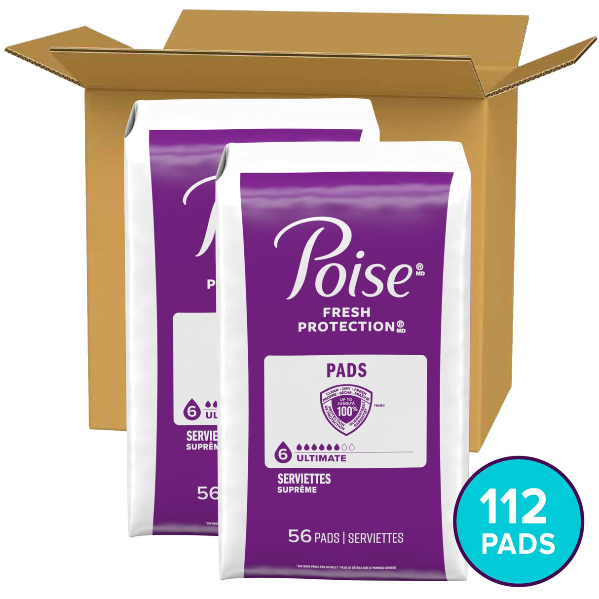Poise Incontinence & Postpartum Pads for Bladder Leaks, 6 Drop Ultimate Absorbency, Regular Length, 112 Count, Packaging May Vary