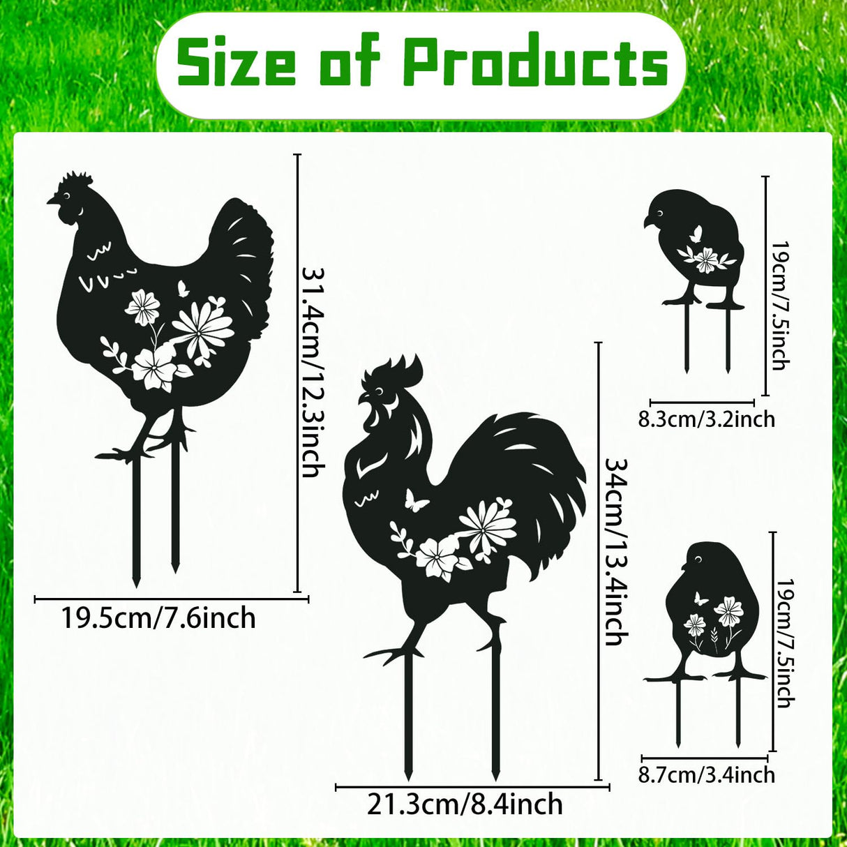 Rngmsi Metal Chicken Yard Art - 4PCS Chicken Garden Decor - Funny Garden Decorations for Yard - Cute Rooster Yard Art - Outdoor and Garden Gifts - Decorative Lawn Stakes for Men and Women