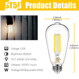DAYBETTER 12 Pack Vintage LED Edison Bulbs, E26 Led Bulb 60W Equivalent, Dimmable Led Light Bulbs, High Brightness 800 LM Neutral White 4000K, ST58 Antique Filament Bulbs, Clear Glass Style for Home