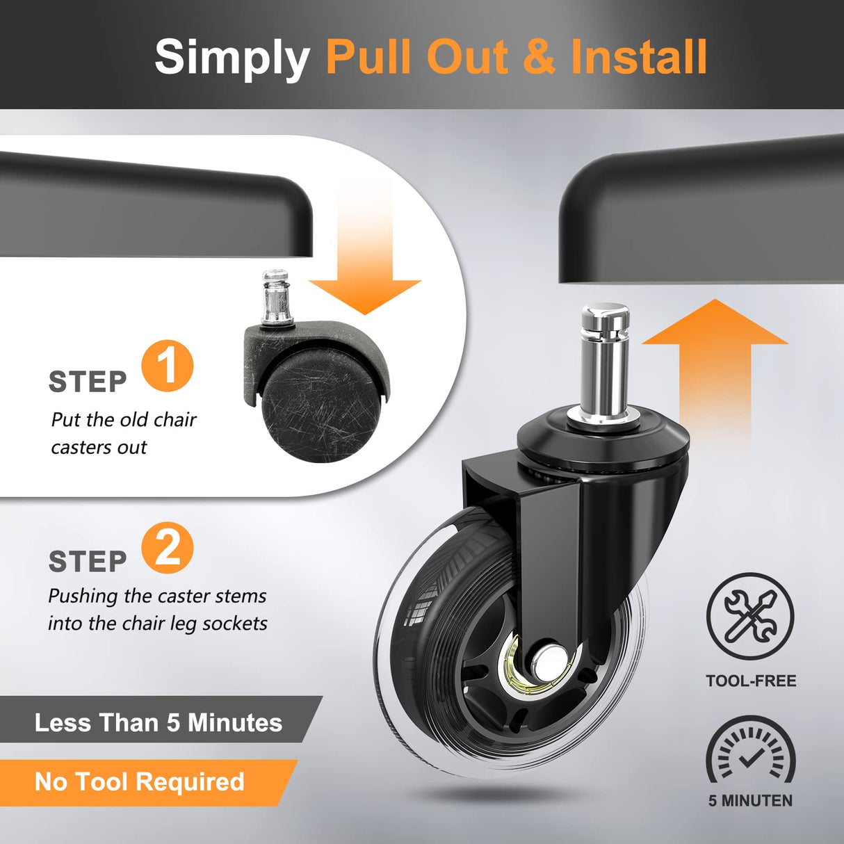 Soontrans Office Chair Wheels 10mm Stem, Compatible with IKEA Chairs ONLY, 3/8" Replacement Rubber Chair Casters, Set of 5, Desk Chair Caster Wheels Protection for Hardwood Floors Carpet