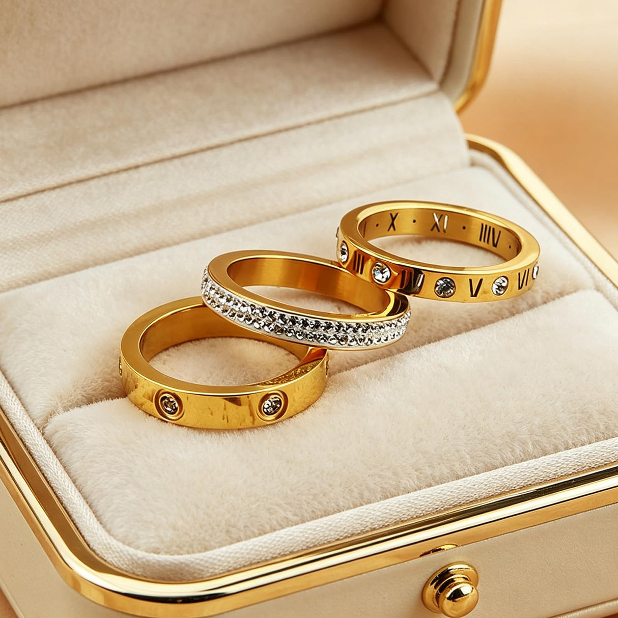 YIKOXI 3pcs Love Friendship Lucky Ring Cubic Zirconia Gold Ring Sets for Women Stainless Steel Wedding Statement Thumb Ring Bands (Gold, 7)