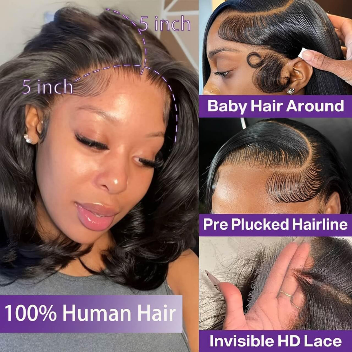 Bob Wig Human Hair Glueless Wigs Human Hair Pre Plucked Pre Cut Body Wave 5x5 HD Transparent Closure Wigs 180% Density 100% Brazilian Virgin Hair Short Wigs for Black Women (10 inch)