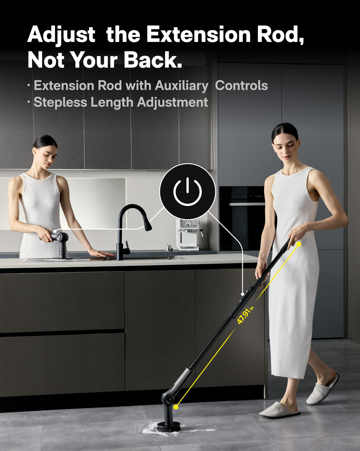 HOTO Flexi™ Cordless Electric Spin Scrubber, Adjustable Angle, Extendable Handle, Smart Display, IPX7 Waterproof, Powerful Cleaning Scrubber with 8 Replaceable Brush Heads, for Bathtub, Bathroom, Tile